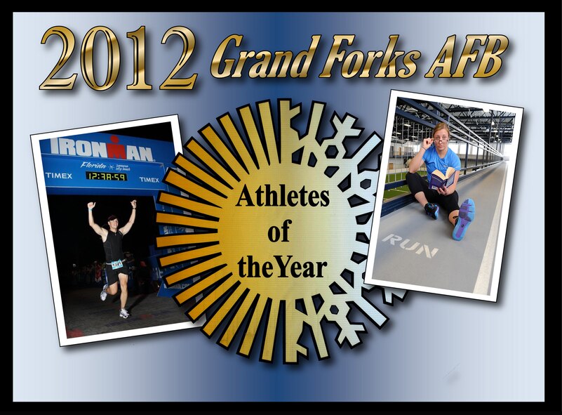 Second Lt. Elizabeth "Betta" Levri, of the 319th Force Support Squadron, and Master Sgt. Jeffery Rueben, of the 319th Civil Engineer Squadron were named the 2012 Athletes of the Year for Grand Forks Air Force Base, N.D. (U.S. Air Force graphic/Staff Sgt. Luis Loza Gutierrez)

