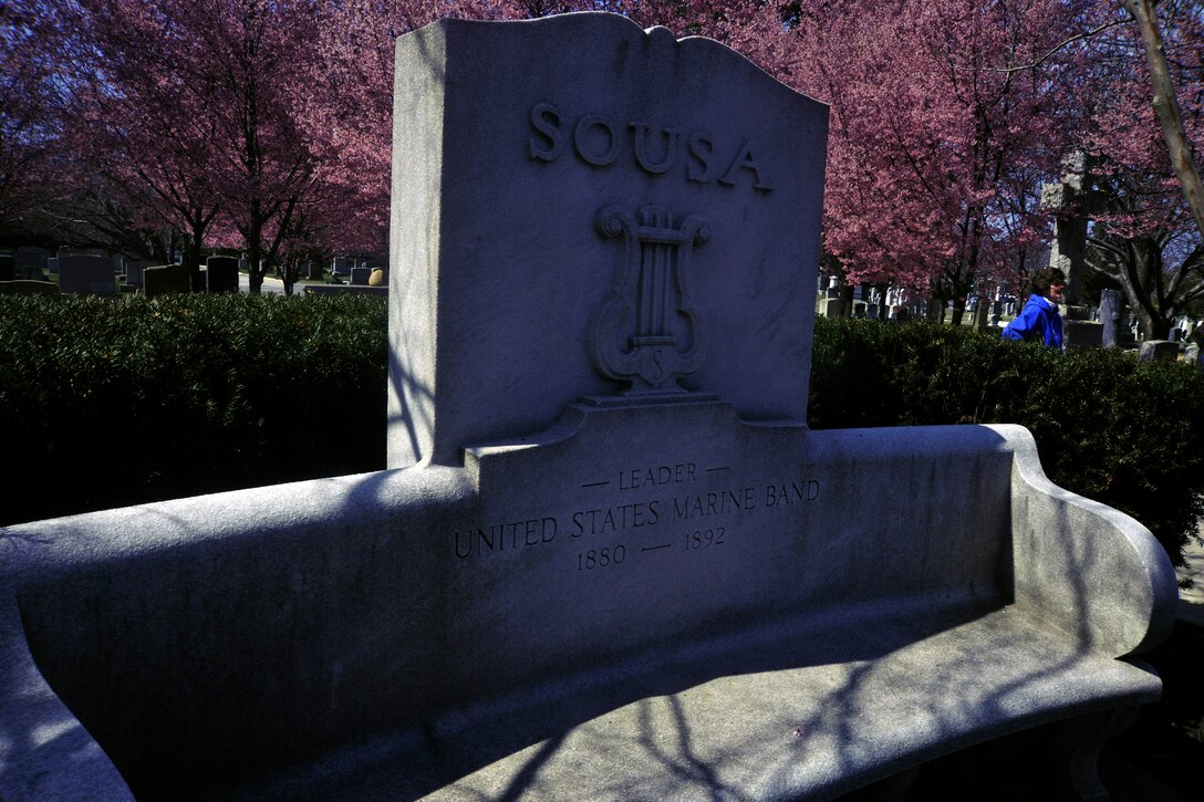 The gravesite of composer John Philip Sousa prepares to hear an afternoon performance by the U.S. Air Force Band and The Wynford High School Band March 23, 2013. The bands honored the composer by playing some of his most-famous marches in front of his gravesite at Congressional Cemetery in Washington, D.C. (U.S. Air Force photo/Senior Airman Lindsey A. Porter)