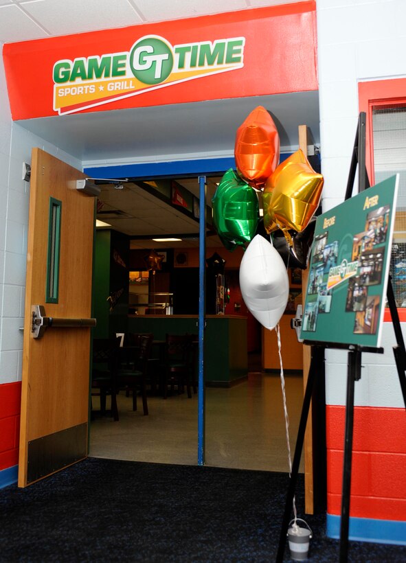 The new Game Time Sports Grill inside the Bandit Recreation Center is festively decorated for a food tasting event prior to its opening at Ellsworth Air Force Base, S.D., March 26, 2013. The grill is now open seven days a week, and features menu options for breakfast, lunch and dinner that may be viewed at www.ellsworthfss.com/gametime-sports-grill. (U.S. Air Force photo by Airman 1st Class Ashley J. Thum/Released)
