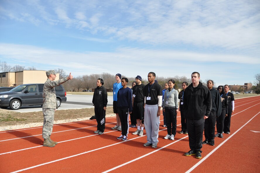 Senior Master Sgt. Pat Muoio, senior recruiter for the 459th Air Refueling Wing at Joint Base Andrews, Md., teaches the fundamentals of drill and marching to members of the Delayed Enlistment Program during the February Unit Training Assembly, February 12, 2012. The program was stood up by the 459 ARW Development and Training Flight and helps to prepare individuals whom have enlisted in the U.S. Air Force Reserve and are awaiting Basic Military Training dates. (U.S. Air Force photo/ Tech. Sgt. Steve Lewis)