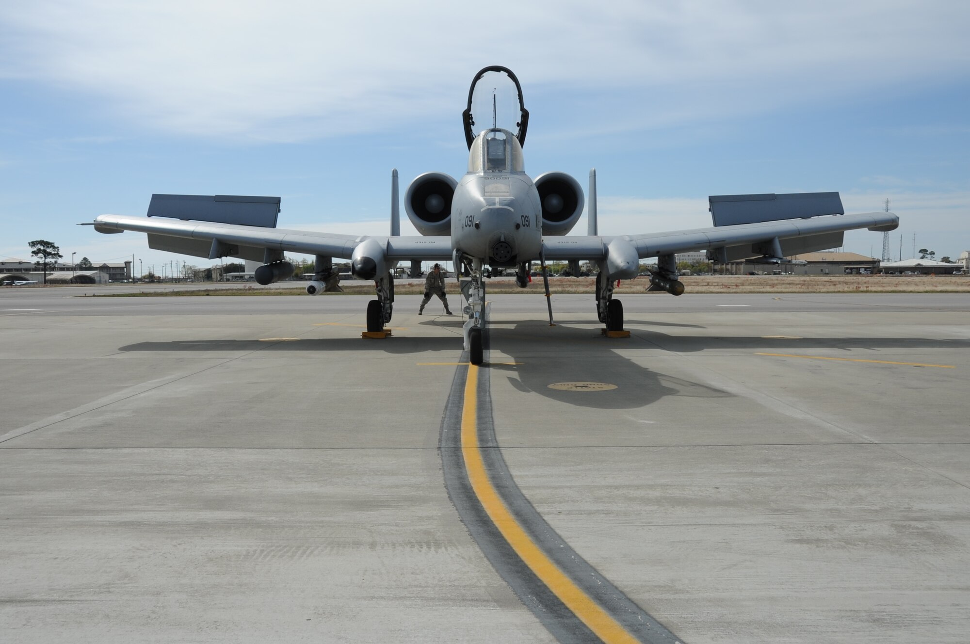EGLIN AIR FORCE BASE, Fla. – Tech. Sgt. Jeremy Hankins, 442nd Aircraft Maintenance Squadron crew chief, conducts a pre-flight inspection prior to the A-10 Thunderbolt II taking off, March 21, 2013. The 442nd Fighter Wing, is temporarily deployed here for Combat Hammer, a weapons system evaluation program. The A-10 Thunderbolt II Air Force Reserve unit is from Whiteman Air Force Base, Mo. (U.S. Air Force photo/Staff Sgt. Lauren Padden)