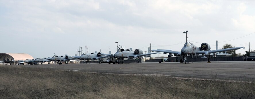 EGLIN AIR FORCE BASE, Fla. – A-10 Thunderbolt II aircraft, assigned to the 442nd Fighter Wing reserve unit, Whiteman AFB, Mo., await the second set of sorties of the day, here March 18, 2013. The 442nd Fighter Wing, is deployed here for Combat Hammer a weapons system evaluation program. The 442nd Fighter Wing is an Air Force Reserve unit. (U.S. Air Force photo/Staff Sgt. Lauren Padden)