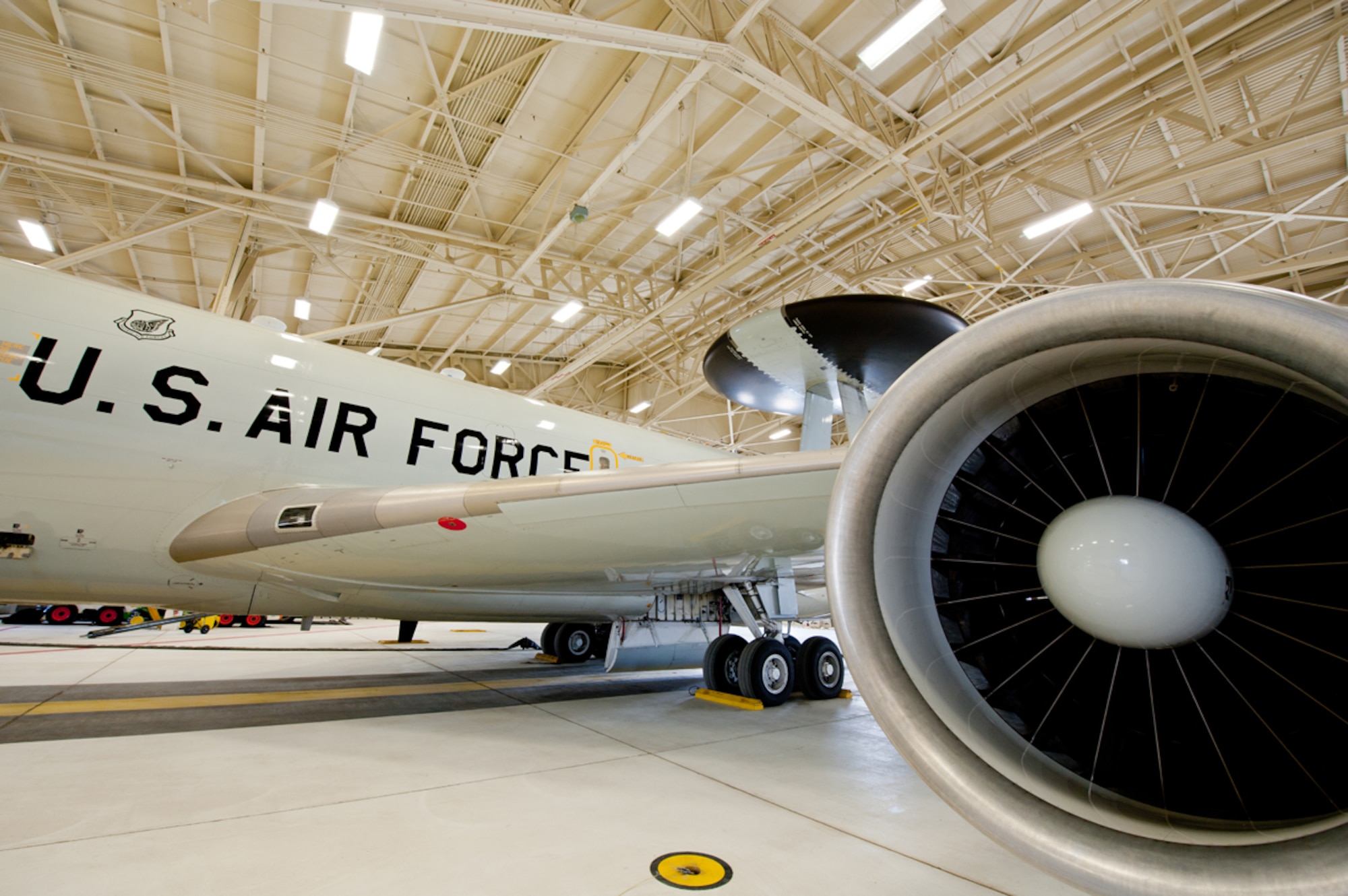 JOINT BASE ELMENDORF-RICHARDSON, Alaska - - One of two E-3 Sentry AWACS jets sits inside the 962 Airborne Air Control Squadron's hangar, March 14, 2013. Each E-3 takes its turn in the hangar for maintenance and mission preparation. (U.S. Air Force photo / Johnathon Green)