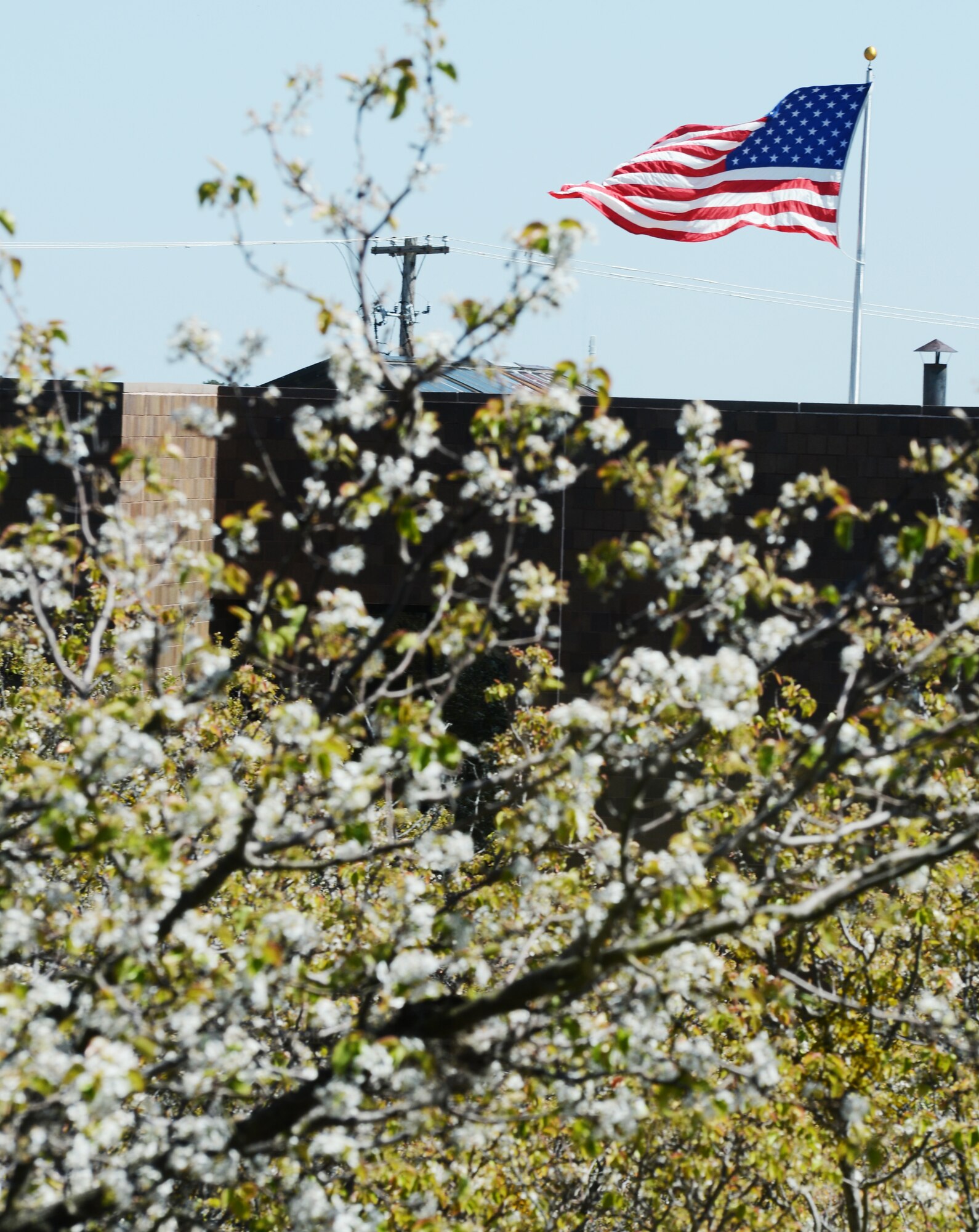 The American flag blows in the wind in front of the 20th Fighter Wing headquarters building at Shaw Air Force Base, S.C., March 27, 2013. This year the astronomical spring equinox kicked off March 20. Typically spring lasts from March to May. (U.S. Air Force photo Senior Airman Tabatha Zarrella/Released)