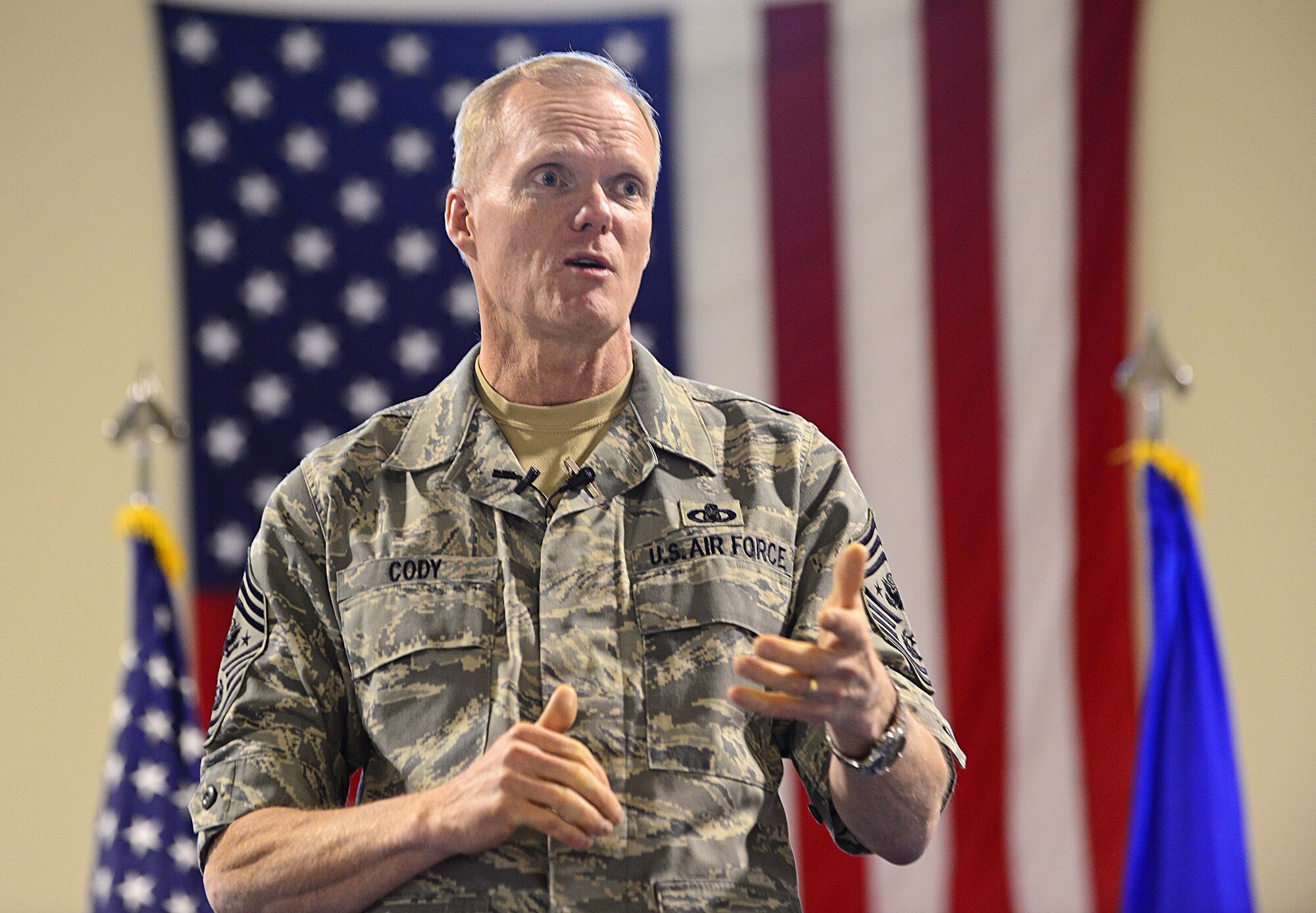 Brig. Gen. Scott Zobrist, 31st Fighter Wing commander, welcomes Chief Master Sgt. of the Air Force James Cody to Aviano Air Base, Italy, Mar. 28, 2013. Cody visited Aviano to answer any and all questions about the recent changes in the military. (U.S. Air Force photo/Airman 1st Class Matthew Lotz)