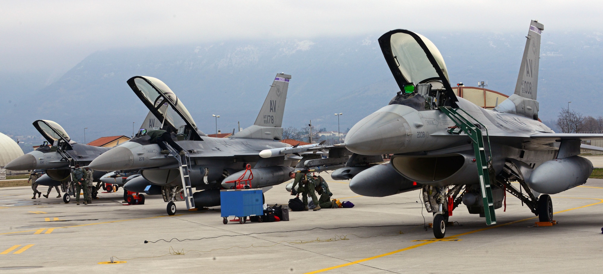 More than 250 Airmen and 14 F-16 Fighting Falcons from the 510th Fighter Squadron returned to Aviano Air Base, Italy after a training mission to Zaragoza Air Base, Spain, Mar. 27, 2013. The purpose of the training was to build coalition partnerships with North Atlantic Treaty Organization allies and accomplish critical flight training. (U.S. Air Force photo/Airman 1st Class Matthew Lotz)