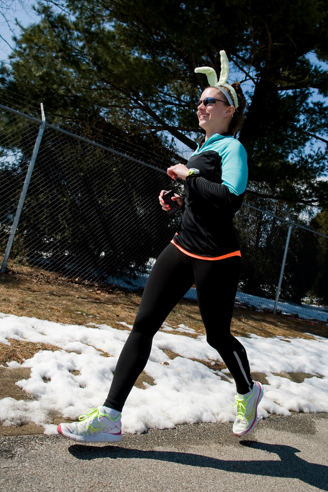 GRISSOM AIR RESERVE BASE, Ind. -- Kasey Potts, a Grissom Fitness Center fitness instructor, starts her run wearing bunny ears during an Easter egg fun run held here March 28. The run was hosted by the Grissom Fitness Center and allowed for base personnel to incorporate a little seasonal fun into their fitness routine. (U.S. Air Force photo/Tech. Sgt. Mark R. W. Orders-Woempner)
