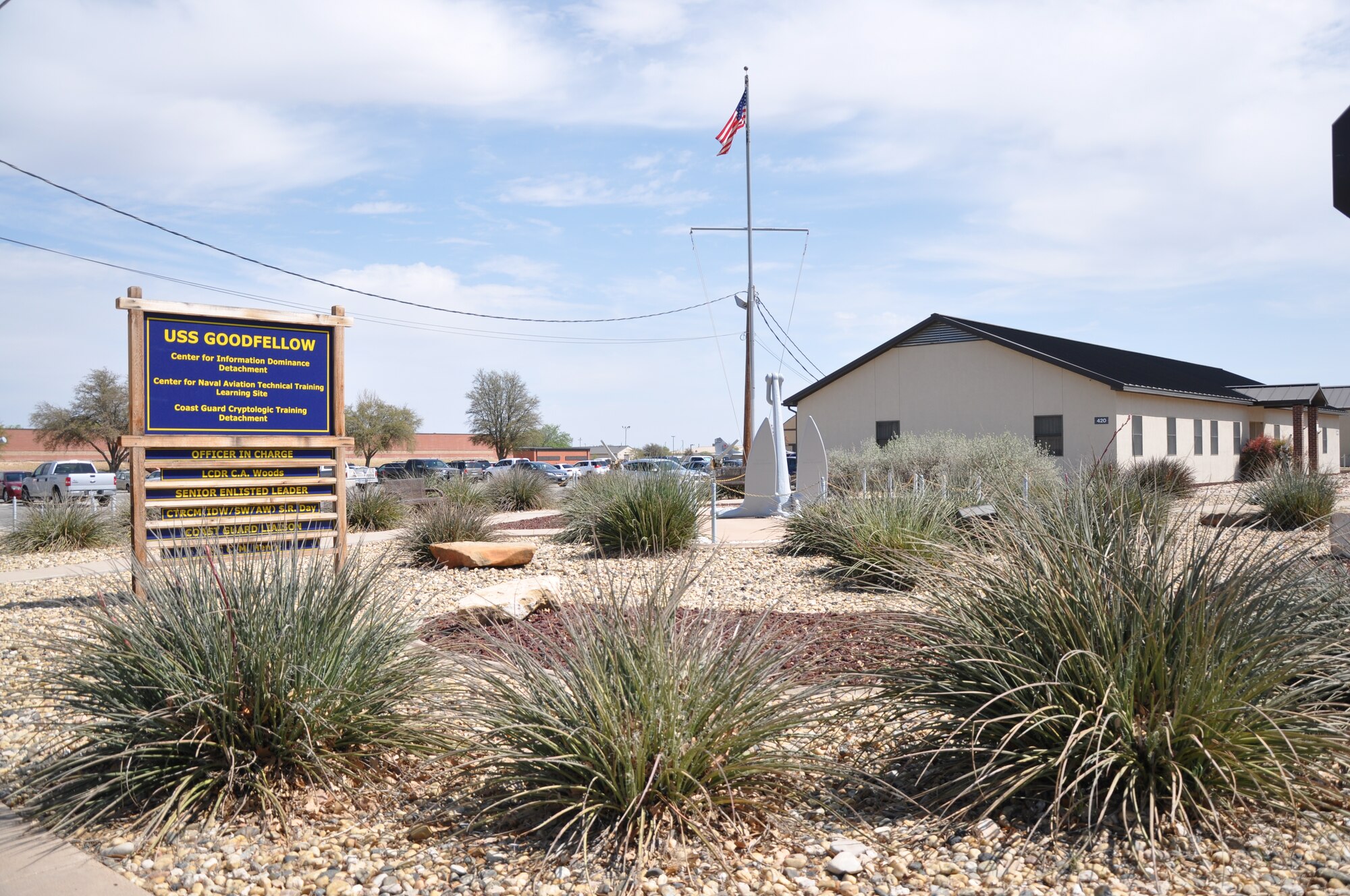 GOODFELLOW AIR FORCE BASE, Texas – The Liberty Park in front of the Navy Center for Information Dominance Detachment here is dedicated to the 34 American sailors who died in June 1967, defending the American intelligence ship, USS Liberty, against a sustained air and sea attack by the armed forces of Israel. The park was renovated in 2004. (U.S. Air Force photo/ Airman 1st Class Breonna Fields)