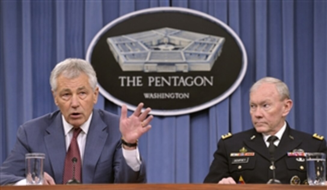Secretary of Defense Chuck Hagel and Chairman of the Joint Chiefs of Staff Gen. Martin E. Dempsey brief the media in the Pentagon on March 28, 2013.  Hagel and Dempsey discussed the ongoing sequester, the impact of furloughs, and recent provocative actions on the part of North Korea.  