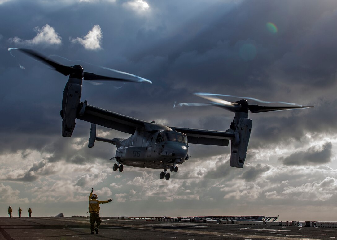 An MV-22B Osprey assigned to Marine Medium Tiltrotor Squadron (VMM) 266 (Reinforced), 26th Marine Expeditionary Unit (MEU), takes off from the flight deck of the USS Kearsarge (LHD 3), at sea, March 20, 2013. The 26th MEU is deployed to the 6th Fleet area of operations. The 26th MEU operates continuously across the globe, providing the president and unified combatant commanders with a forward-deployed, sea-based quick reaction force. The MEU is a Marine Air-Ground Task Force capable of conducting amphibious operations, crisis response and limited contingency operations. (U.S. Marine Corps photo by Cpl. Christopher Q. Stone/Released) 