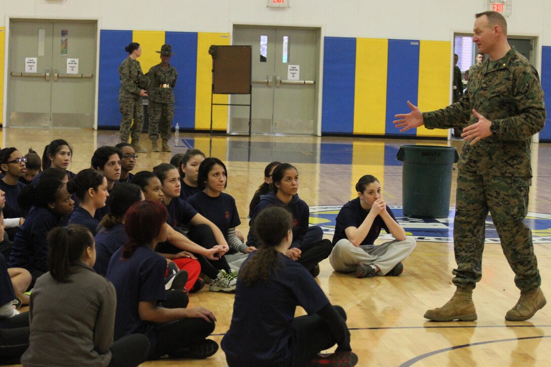 Maj. Michael Ogden, commanding officer of Marine Corps Recruiting Station New Jersey, speaks to the female poolees during the annual female pool function aboard Naval Weapons Station Earle in Colts Neck, N.J. Feb. 23, 2013. 