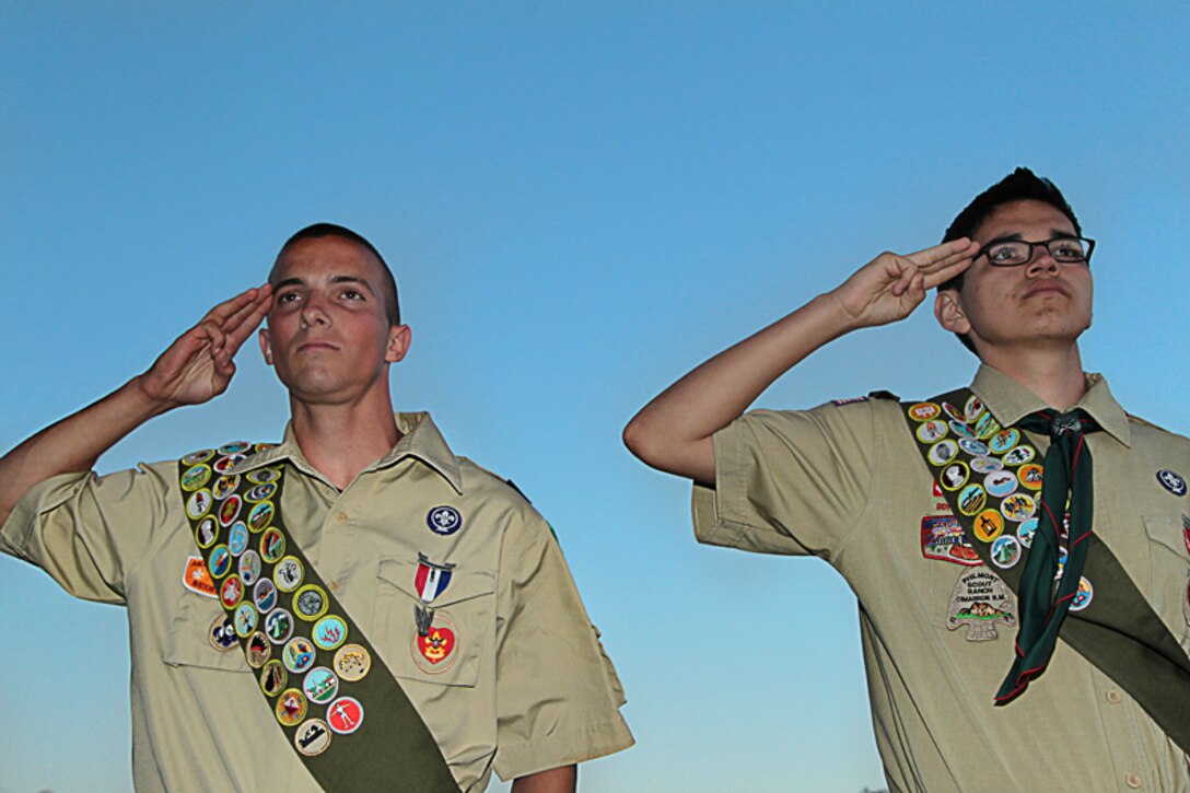 Andrew Kennedy, left, and Victor Isarraraz, right, recently achieved the rank of Eagle Scout and both intend to join the military. Kenedy recently accepted a scholarship to the Naval Reserve Officers Training Corps and Isarraraz plans to enlist in the Navy. (Officical USMC photo by Cpl. Ali Azimi/Released)