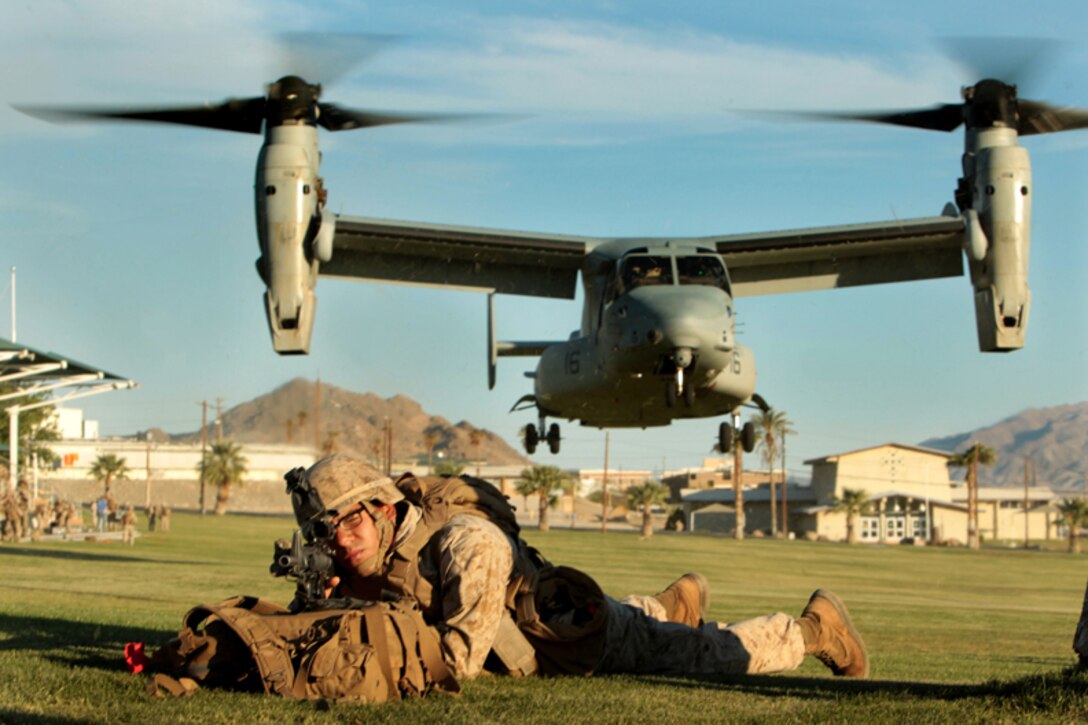 Marines with 1st Battalion, 6th Marine Regiment, Combat Logistics Regiment 16 and Marine Aviation Weapons and Tactics Squadron 1 conducted a mission rehearsal exercise for a noncombatant evacuation operation at Lance Cpl. Torrey L. Gray Field April 19, 2013. (Official USMC photo by Cpl. Ali Azimi/Released)