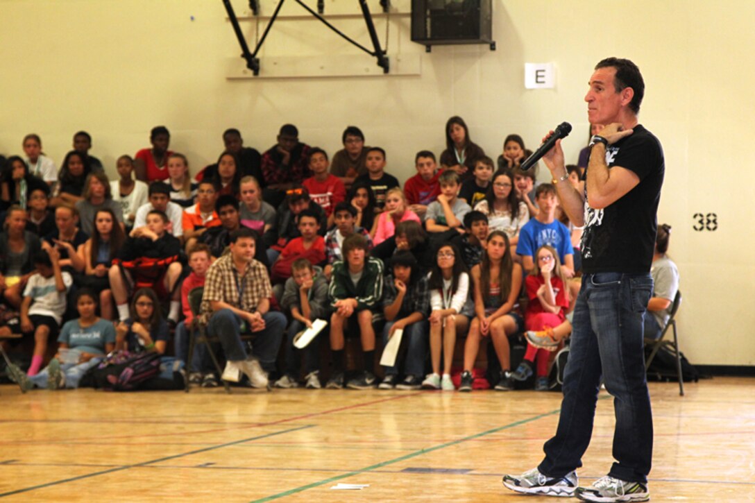 Trevor Romain talks to students at Twentynine Palms Junior High School about the stress of being a kid and how to cope with bullying, facing fears and dealing with deployments as military children. 
