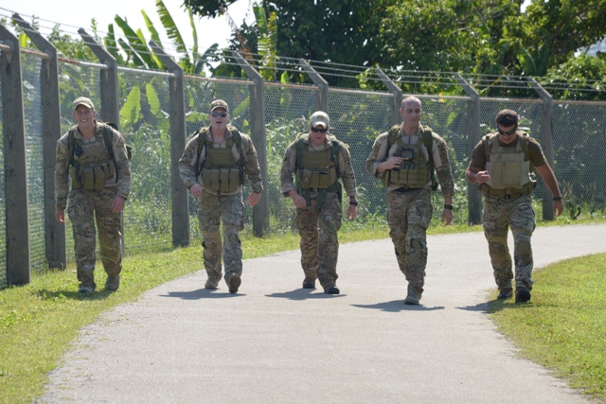 Members from the 353rd Special Tactics Squadron participate in the 353rd Special Operations Group Top Three 6-mile ruck march April 26 here on Kadena.  SOG
personnel and their family members attended the event that raised more than
$450 for the Air Force Assistance Fund.  AFAF was established as an annual effort to
raise funds for organizations such as Air Force Villages Inc., Air Force Aid
Society, Inc., General and Mrs. Curtis E. LeMay Foundation and the Air Force
Enlisted Village, Inc.  (U.S. Air Force photo by Tech. Sgt. Kristine Dreyer/Released)  
