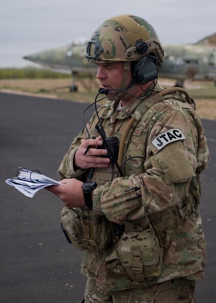 U.S. Air Force Tech. Sgt. Jason Meek, a Joint Terminal Attack Controller (JTAC) with the 66th Weapons Squadron, Nellis Air Force Base, Nev., communicates with aircraft during a joint force integration exercise April 25, 2013, at Winston Field Airport in Snyder, Texas. Air Force B-1Bs from Dyess Air Force Base, Texas, and Marine Corps F/A-18 Hornets from Fort Worth Joint Reserve Base, Texas, provided close air support using information provided by JTACs on the ground during a simulated airfield seizure. (U.S. Air Force photo by Airman 1st Class Peter Thompson/Released)