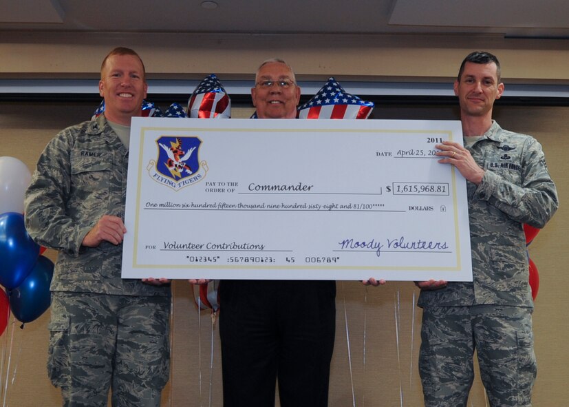 U.S. Air Force Col. Steven Ramer , 23d Wing vice commander, and Chief Master Sgt. Matthew Wells, 23d WG command chief, accept a symbolic volunteer contributions check worth $1,615,968.81 from Eric Pedersen, 23d Force Support Squadron chief of Airmen and Family Readiness Center,  during the 2013 Volunteer Recognition Ceremony at Moody Air Force Base, Ga., April 25, 2013. The check represented what it would of cost if the volunteers were paid for their services. (U.S. Air Force photo by Senior Airman Eileen Meier/Released)