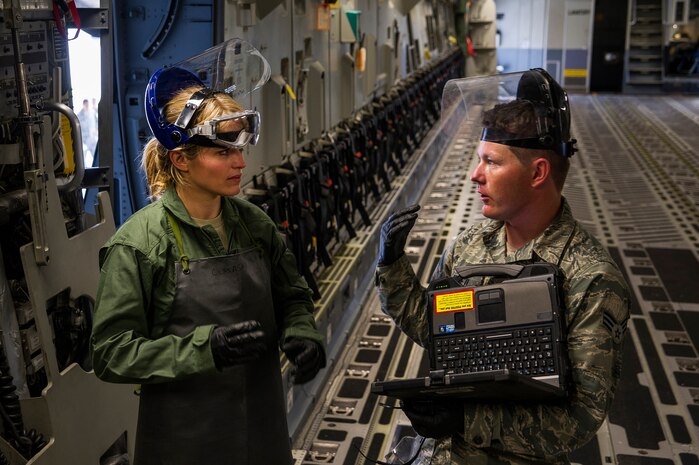 Senior Airman Jay O'Neil, 437th Aircraft Maintenance Squadron crew chief, explains the internal functions of a C-17 Globemaster III to Sara Haines, NBC TODAY Show correspondent, while taping during a visit April 19, 2013, at Joint Base Charleston – Air Base, S.C. Haines met with members from the 437th Aircraft Maintenance Squadron, 14th Airlift Squadron, 628th Security Forces Squadron Ravens team and 437th Aerial Port Squadron for a segment for the TODAY show. Each interview included hands-on interaction with Airmen who explained their jobs and their roles in achieving the Air Force mission.  (U.S. Air Force photo/ Senior Airman George Goslin)