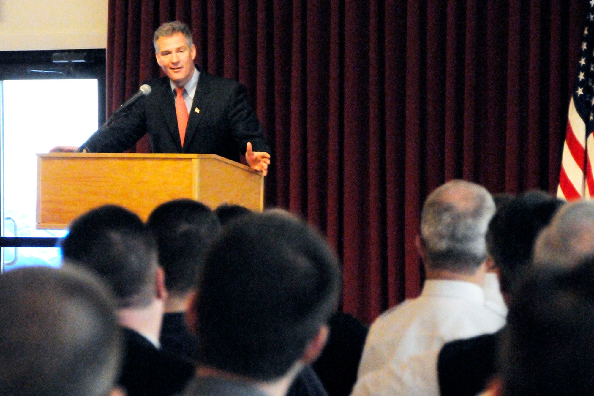 HANSCOM AIR FORCE BASE, Mass. -- Former U.S. Senator Scott Brown was a guest speaker at the International Cost Estimating and Analysis Association New England Chapter event at the Minuteman Commons April 23. Brown discussed "Challenges: Sequestration and the Constrained Economic Environment." After the event, Brown signed copies of his book, "Against All Odds: My Life of Hardship, Fast Breaks, and Second Chances." (U.S. Air Force photo by Linda LaBonte Britt)