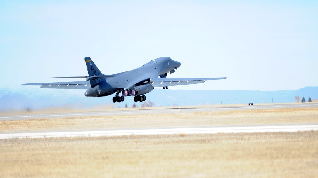 A B-1 bomber takes off from the flightline as part of a local training mission at Ellsworth Air Force Base, S.D., March 15, 2012. The 28th Bomb Wing resumed flying local training missions on a very limited basis, May 1, 2013, and will continue this limited program through the end of the fiscal year. (U.S. Air Force photo by Airman 1st Class Hrair H. Palyan/Released)