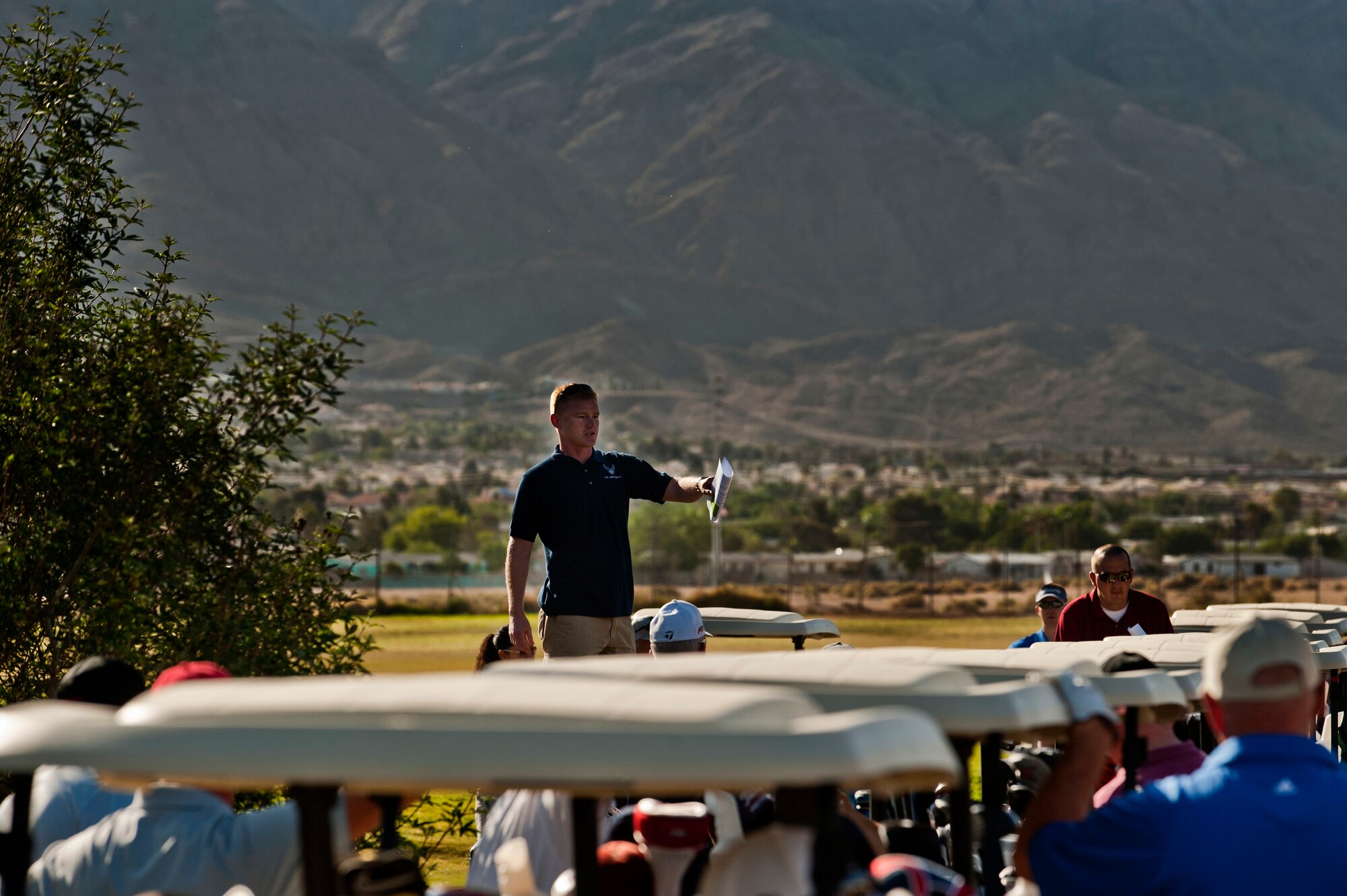 U.S. Air Force Senior MSgt. Joseph Cornett, 823rd Maintenance Squadron superintendent, talks to the golfers participating in the Air Force Assistance Fund Golf Tournament April 26, 2013, at the Sunrise Vista Golf Course at Nellis Air Force Base, Nev. The winner of the AFAF golf tournament best ball match was a team called Four Players. (U.S. Air Force photo by Senior Airman Daniel Hughes)