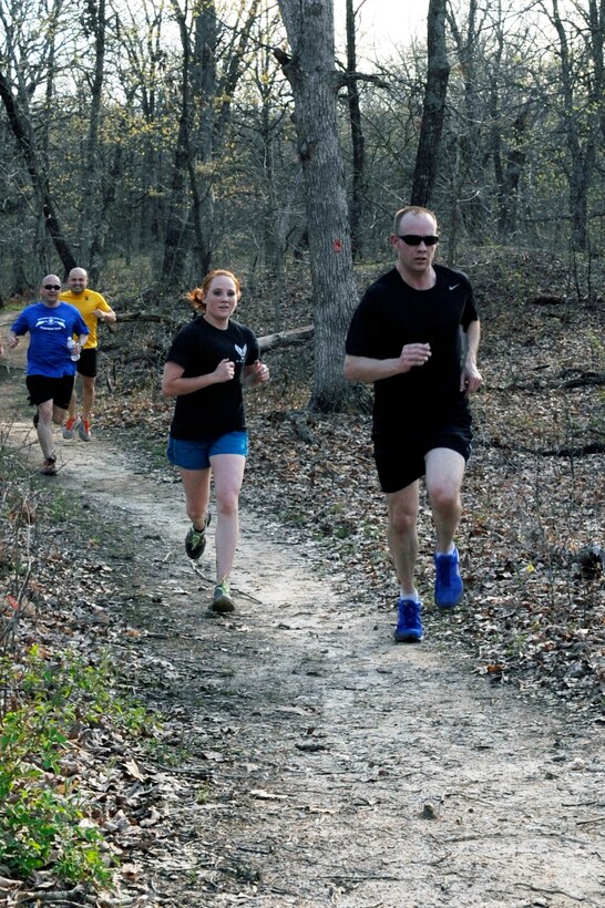 Members of Team Whiteman finishes a 10K run in Knob Noster State Park, April 28, 2013, in preparation for the Air Force Marathon Whiteman Striker Life Half Marathon. The Striker Life Half Marathon starts at 8 a.m., Saturday, May 11, at Ike Skelton Park. Airmen can pre-register by visiting www.onestoprace.com until May 10. The 509th Force Support Squadron is asking for volunteers. Call Michael Taylor at 660-687-5493. (U.S. Air Force photo by Staff Sgt. Alexandra M. Boutte/Released)