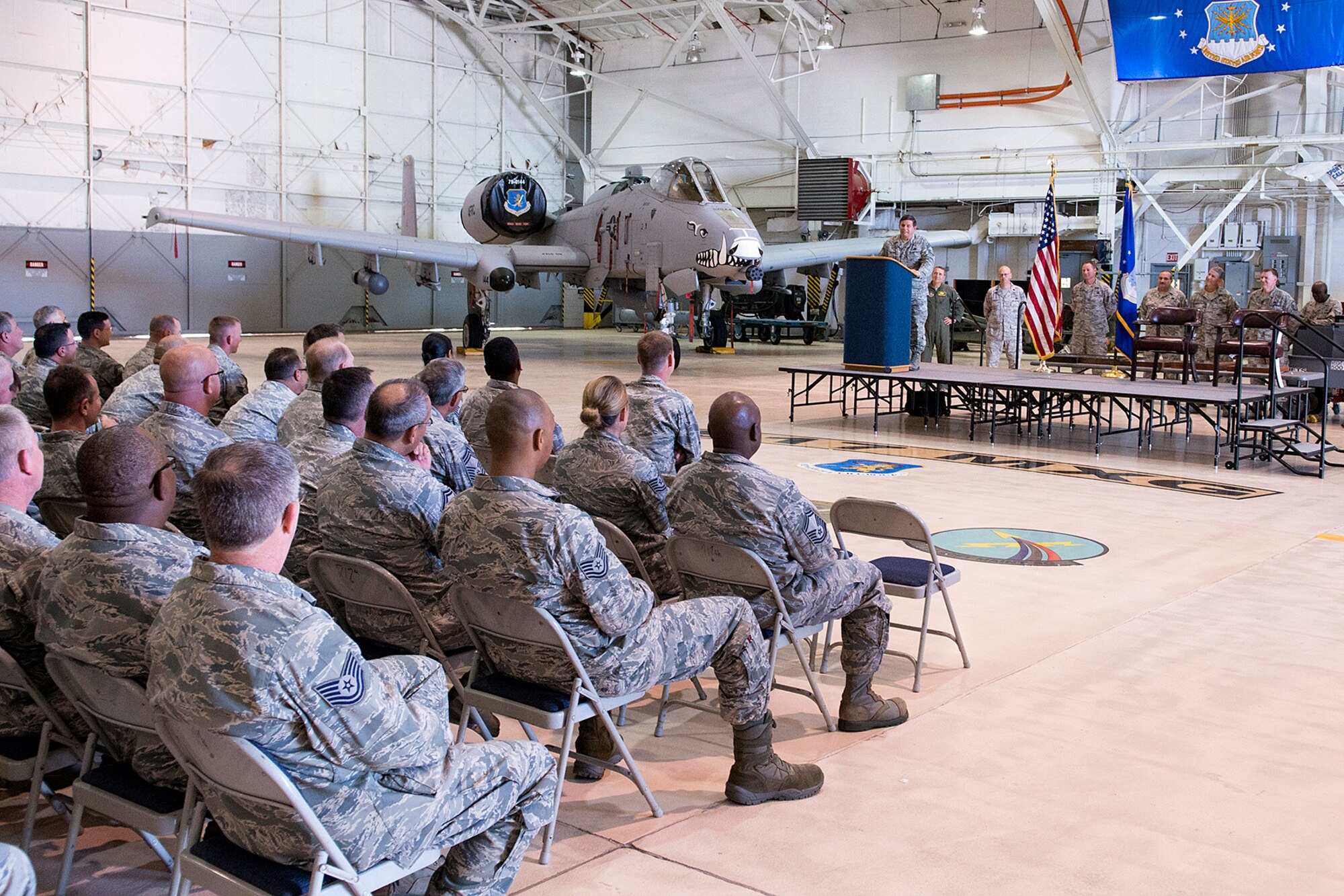 Airmen attend a retirement ceremony for five members of the 917th Fighter Group, April 28, 2013, Barksdale Air Force Base, La. The retirees are Chief Master Sgt. Jimmy Wilcher, Senior Master Sgt. Bobby Kea, Master Sgt. Jose Limon, Master Sgt. Mike Duell and Tech. Sgt. Bobby Duncan. (U.S. Air Force photo by Master Sgt. Greg Steele/Released)
