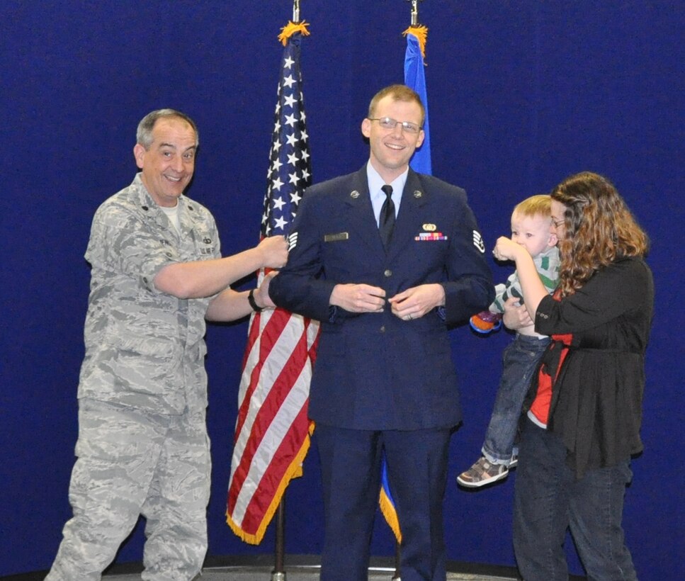 Promotion to Staff Sergeant (SSgt) is a family affair for SrA Nathan Heald.  SrA Heald was also Airman of the Quarter for January to March of 2013.