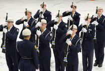 Cadets of Air Force Junior Reserve Officer Training Corps unit 941, Caesar Rodney High School, Camden, Del., perform their armed drill routine during the 2013 JROTC drill competition, April 20, 2013, Dover Air Force Base, Del. The 436th Logistics Readiness Squadron, 436th Airlift Wing, Dover AFB hosted the competition. (U.S. Air Force photo/Greg L. Davis)