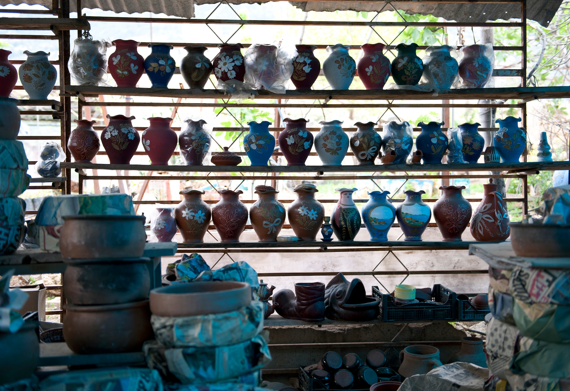Clay pots sit on a shelf at a small open-air store along the road in the Mersin Province March 31, 2013, in Turkey. The small store was a point of interest along the route to Mut as one of Outdoor Recreation’s offered destinations. (U.S. Air Force photo by Senior Airman Daniel Phelps)