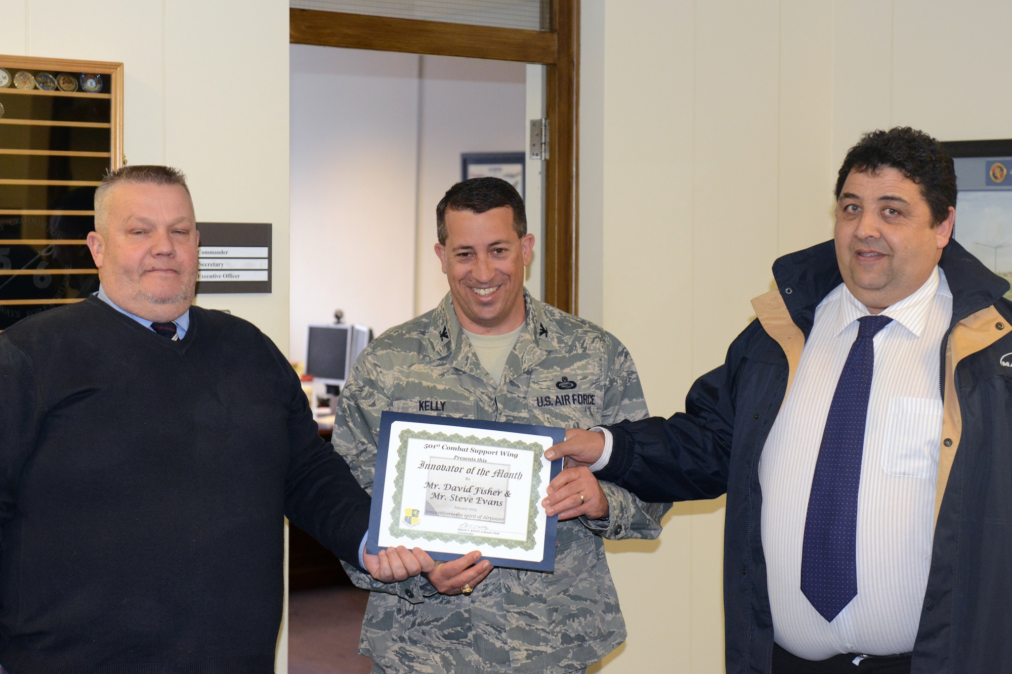 RAF CROUGHTON, United Kingdom – David Fischer and Steve Evans were recently named the 501st Combat Support Wing Innovator of the Month for January. Fisher, from the 420th Air Base Squadron Civil Engineer Squadron was researching de-icing products to restock the supply for RAF Fairford's runway; he found out that RAF Lakenheath had a large amount of granular, airfield deicer they had to get rid of. Fisher arranged to take the chemicals from RAF Lakenheath, free of charge. He then contacted Evans, from the 420th ABS SERCO office, to transport the chemicals from RAF Lakenheath to RAF Fairford. In the end, Fisher and Evans obtaining approximately three tons of sodium acetate (de-icing chemicals) to use throughout RAF Fairford and saved more than $10,000 in buying the product, plus the disposal costs RAF Lakenheath would have incurred. (U.S. Air Force photo by Tech. Sgt. Chrissy Best)