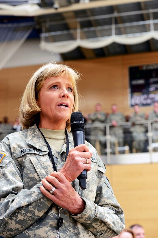 U.S. Army Lt. Col. Regina Noeth asks U.S. Army Chief of Staff Gen. Ray Odierno questions about the status of the Army as he visits Lucius D. Clay Kaserne, formerly Wiesbaden Army Airfield, in Wiesbaden, Germany, April 30, 2013.