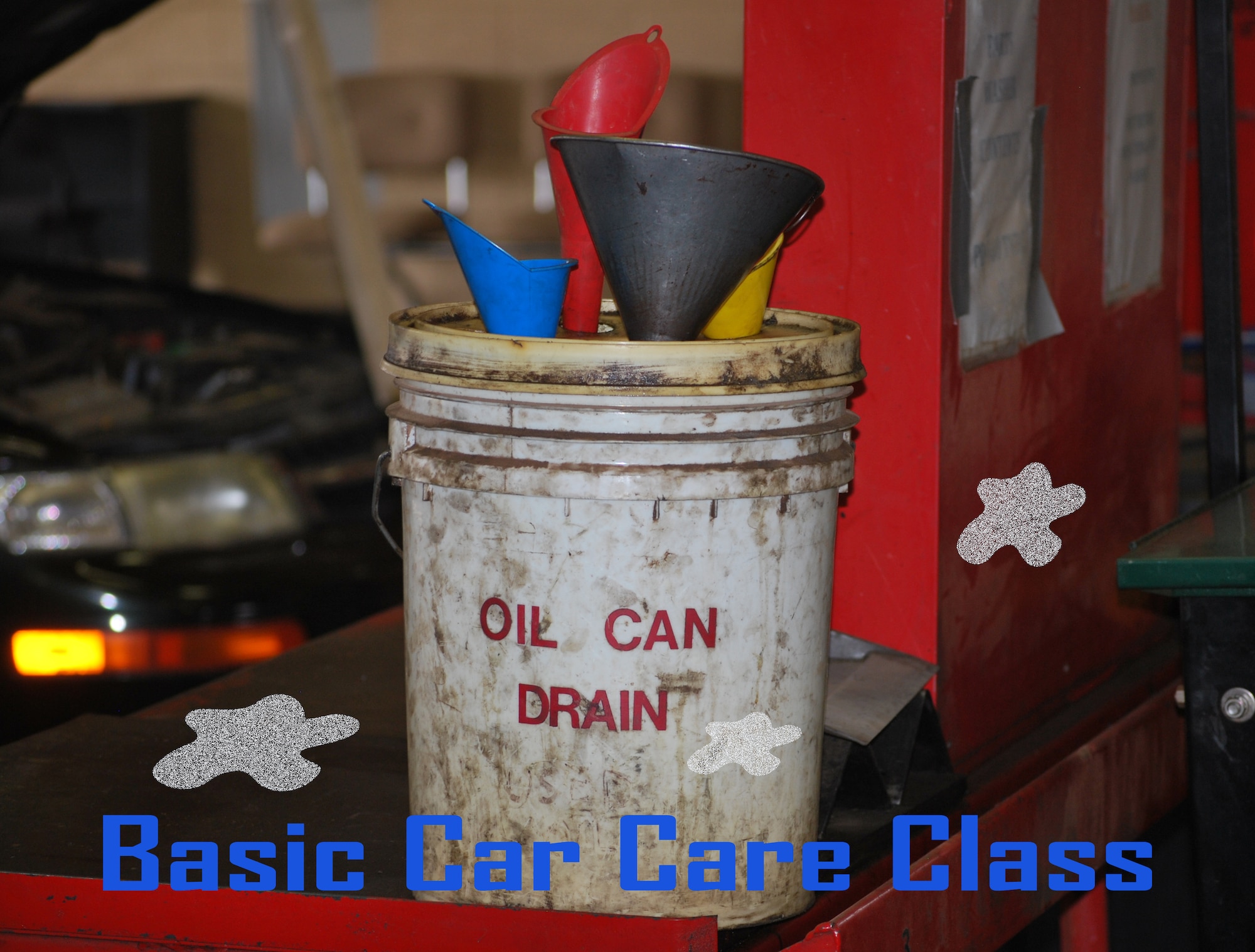 The Auto Skills Center at Cannon Air Force Base, N.M., is scheduled to teach a Basic Car Care Class from 5:30 - 7:30 p.m., May 10, 2013. Some elements of the class include hands-on lessons on how to change oil and a free car wash. This class is free for all single Airmen.  (U.S. Air Force illustration/Desiree Ann Montenegro)