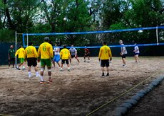 Honduran and Joint Task Force-Bravo officers play a game of volleyball during a day of friendly competitions at the bi-annual Camaraderie Day event, April 26. The Honduran military took home the overall championship trophy. (Photo by Ana Fonseca)