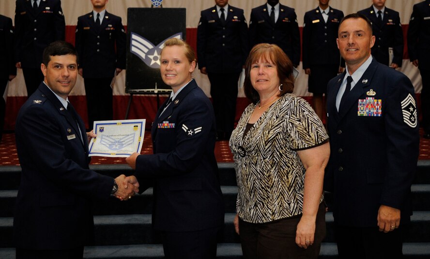 Airman 1st Class Caitlin Dzirson, 2nd Security Forces Squadron, receives a certificate of promotion to Senior Airman from Col. Andrew Gebara, 2nd Bomb Wing Commander, during the May Wing Promotion Ceremony on Barksdale Air Force Base, La., May 1, 2013.
