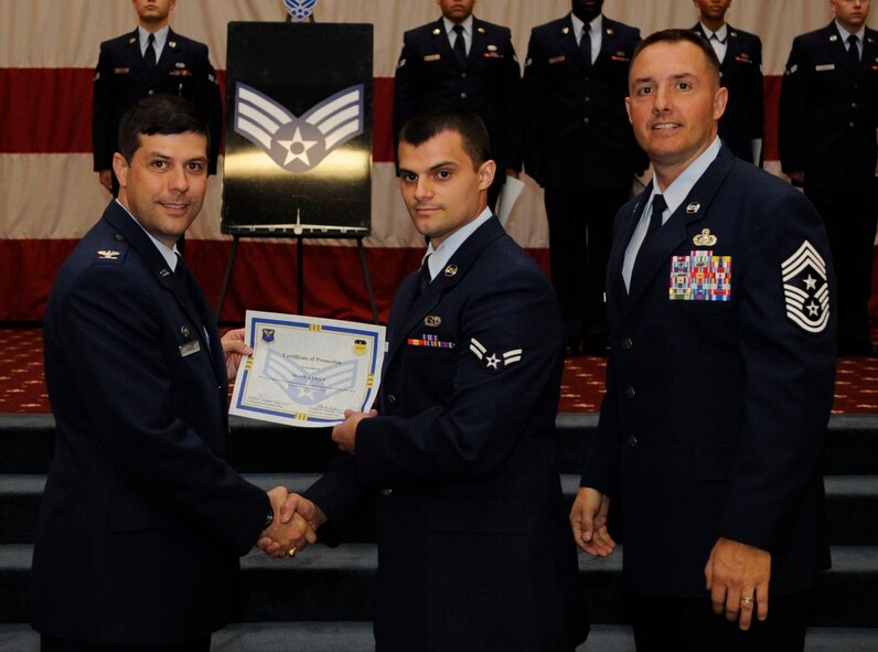 Airman 1st Class Shane Lique, 2nd Maintenance Squadron, receives a certificate of promotion to Senior Airman from Col. Andrew Gebara, 2nd Bomb Wing Commander, during the May Wing Promotion Ceremony on Barksdale Air Force Base, La., May 1, 2013.
