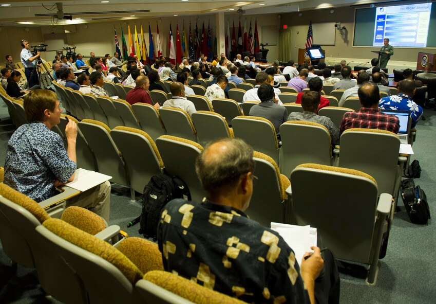 Gen. Hawk Carlisle, commander of Pacific Air Forces, briefs international representatives at the Asia-Pacific Center for Security Studies, in Honolulu, Hawaii. During his briefing, Carlisle discussed a multitude of topics including PACAF strategy, the U.S.'s rebalance to the Pacific theater, and the importance of transnational coordination and cooperation to overcome challenges. (U.S. Air Force photo by Staff Sgt. Nathan Allen)