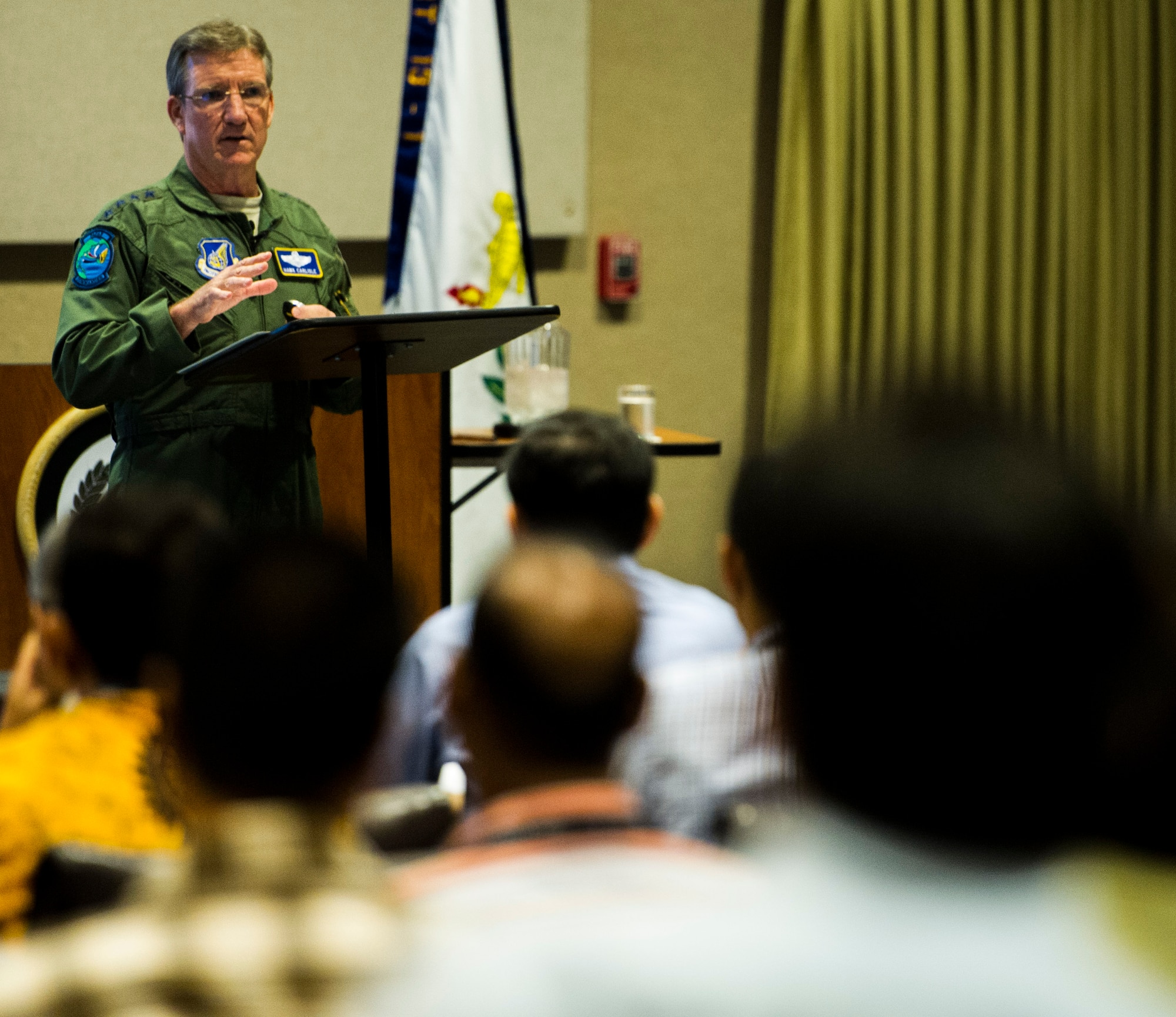 Gen. Hawk Carlisle, commander of Pacific Air Forces, briefs international representatives at the Asia-Pacific Center for Security Studies, in Honolulu, Hawaii. During his briefing, Carlisle discussed a multitude of topics including PACAF strategy, the U.S.’s rebalance to the Pacific theater, and the importance of transnational coordination and cooperation to overcome challenges. (U.S. Air Force photo by Staff Sgt. Nathan Allen)