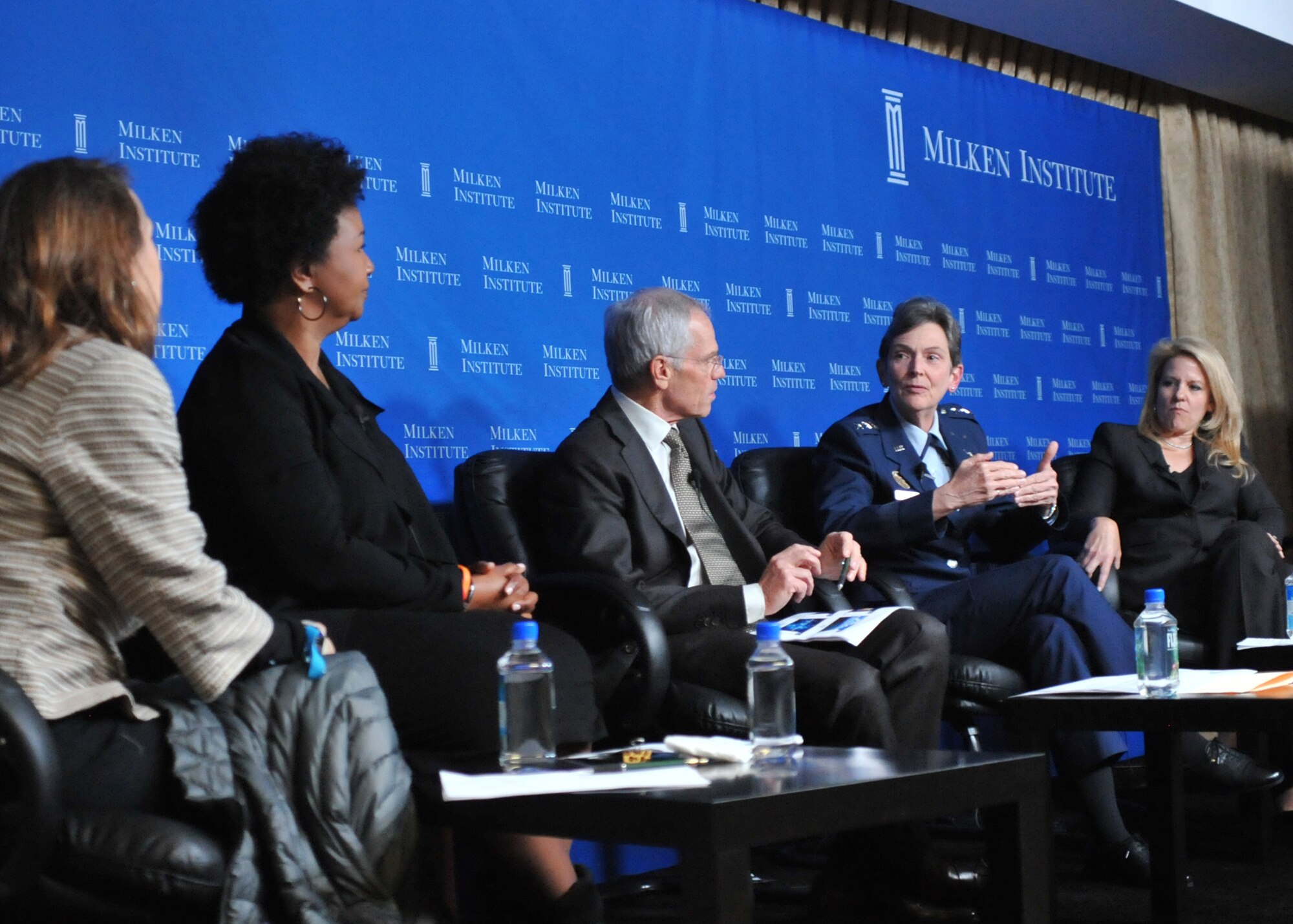 Panel members, pictured left to right, are: Esther Dyson, chairman of EDventure Holdings; Mae Jemison, astronaut and principal of 100 Year Starship; Richard Sandler, panel moderator and executive vice president of the Milken Family Foundation; Lt. Gen. Ellen Pawlikowski, SMC commander; and Gwynne Shotwell, president of SpaceX.  (Photo by Sarah Corrice)