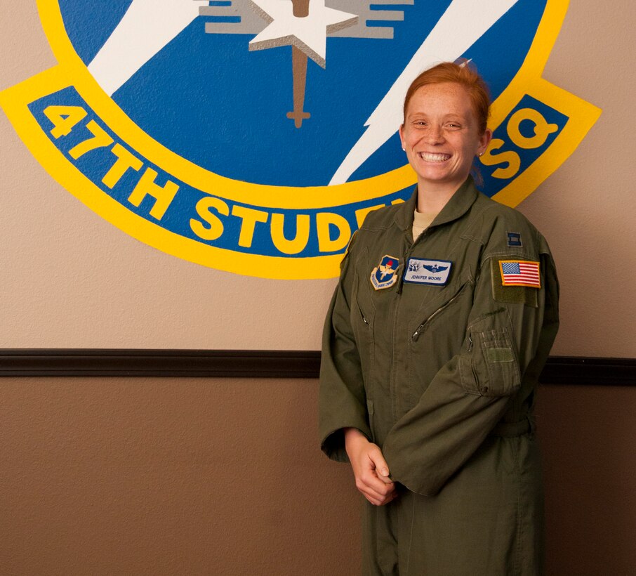Capt. Jennifer Moore, 47th Student Squadron assistant director of operations, at Laughlin Air Force Base, Texas, May 2, 2013. Moore was named the 2012 Best Flight Commander in Air Education and Training Command for overseeing more than 200 lieutenants during their time between entering active duty and beginning pilot training. (U.S. Air Force photo/2nd Lt. Evan Ross)