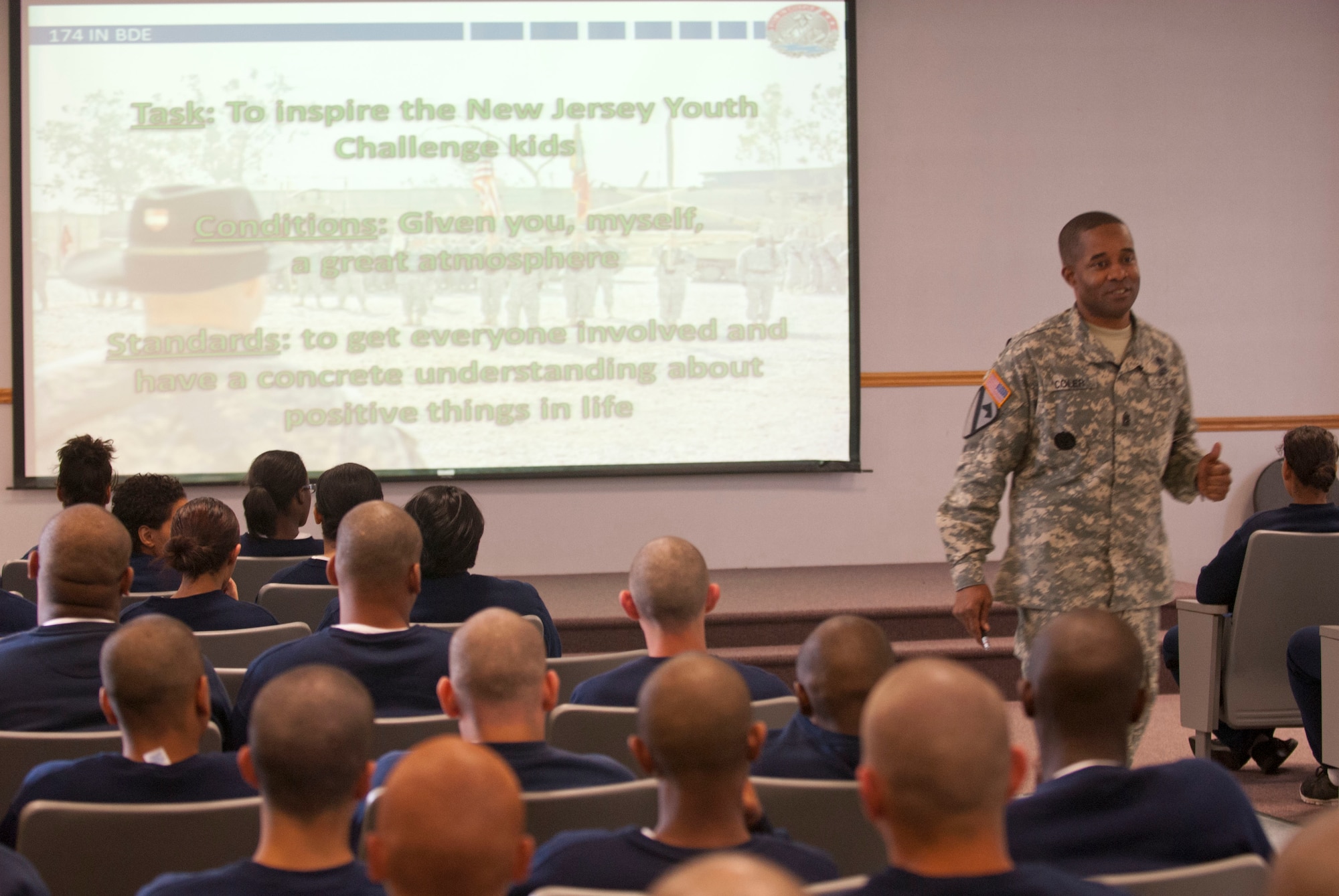 Command Sgt. Maj. Calvin Coler, 174th Infantry Brigade command sergeant major, addresses National Guard Youth ChalleNGe candidates April 19, 2013, at Joint Base McGuire-Dix-Lakehurst, N.J. His mission was to share his story and help motivate the teens to become more productive members of society.  (U.S. Army Photo by Sgt. 1st Class Stan Maszczak)