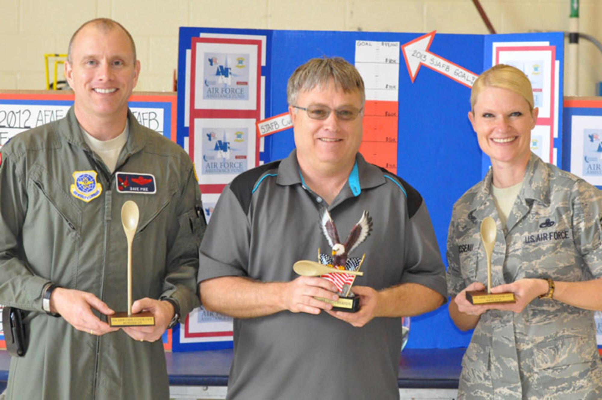 From left to right: Lt. Col. Dave Pike, Mr. Jeff Neal and Master Sgt. Heather Mousseau sport their trophies for winning in the 916th's Chili Challenge on April 30, 2013. (USAF photo by Maj. Shannon Mann, 916ARW/PA)