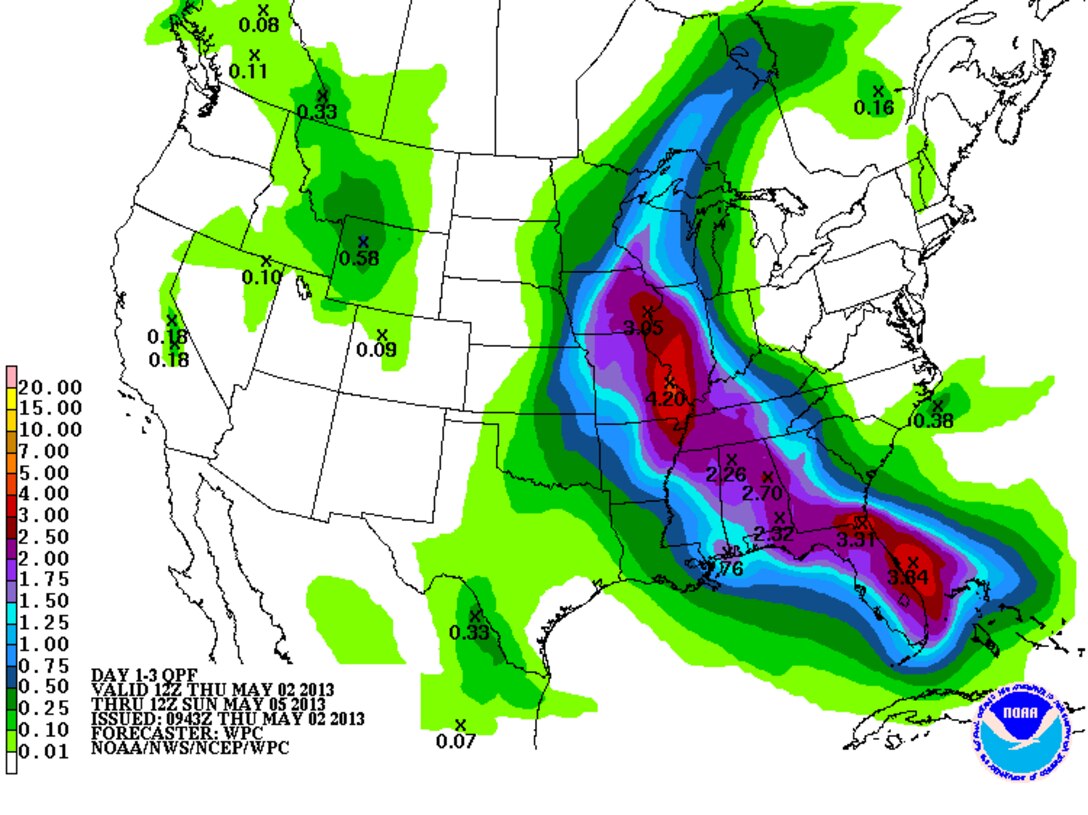 National Weather Service QPF Forecast, Valid May 2, 2013 – May 5, 2013
http://www.hpc.ncep.noaa.gov/qpf/d13_fill.gif 
