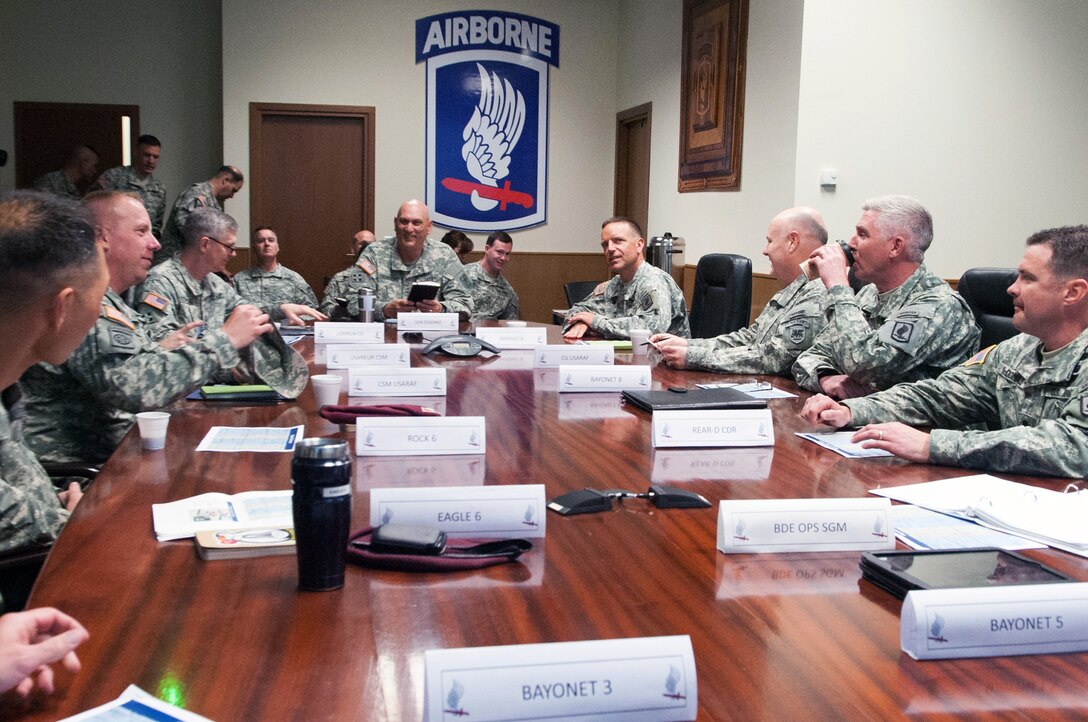 U.S. Army Col. Andrew K. Rohling, left, commander of the 173rd Airborne Brigade, and his battalion commanders brief U.S. Army Chief of Staff Gen. Ray Odierno, center, at their headquarters in Vicenza, Italy, May 1, 2013. 