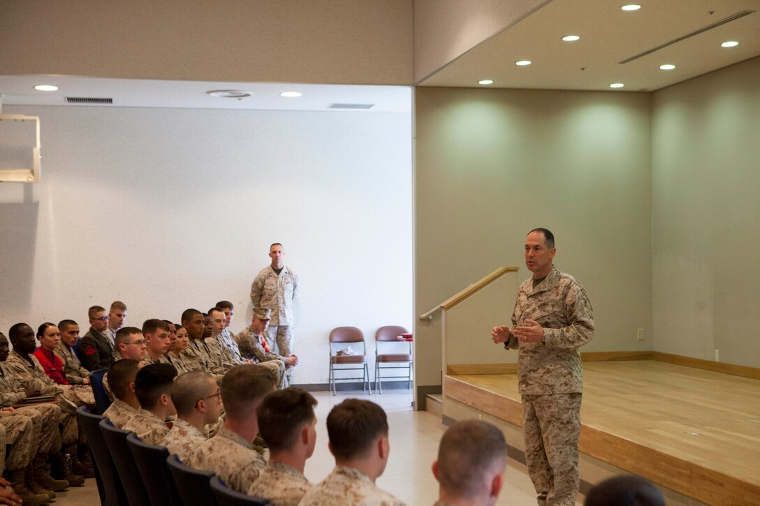 Maj. Gen. Peter J. Talleri speaks to Marines and sailors April 18 during a visit to the Combined Arms Training Center Camp Fuji, Japan. Talleri made the visit following the installation’s recent successful inspection as part of the commanding general’s inspection program. Talleri is the commanding general of Marine Corps Installations Pacific. Photo by Cpl. Adam B. Miller (U.S. Marine Corps photo by Cpl. Adam B. Miller/Released)