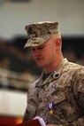 Staff Sgt. Daniel W. Ridgeway an explosive ordnance disposal team leader with 2nd Explosive Ordnance Disposal Company, 8th Engineer Support Battalion, 2nd Marine Logistics Group, thanks his wife and family during a Silver Star Medal award ceremony aboard Camp Lejeune, N.C., April 30, 2013. More than 200 people attended the ceremony to honor Ridgeway. (U.S. Marine Corps photo by Lance Cpl. Shawn Valosin)