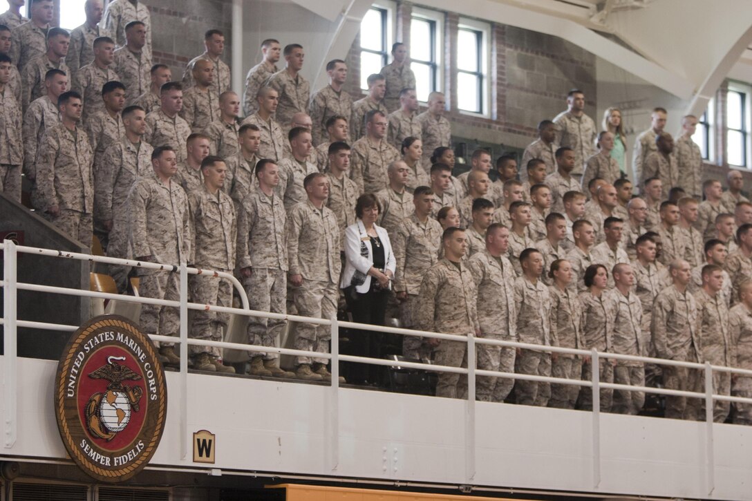 Marines and Sailors attend the Silver Star Medal award ceremony for Staff Sergeant Daniel W. Ridgeway, an explosive ordnance disposal team leader with 2nd Explosive Ordnance Disposal Company, 8th Engineer Support Battalion, 2nd Marine Logistics Group aboard Camp Lejeune, N.C., April 30, 2013.  Maj. Gen. Michael G. Dana, the assistant deputy commandant for installations and logistics, Headquarters Marine Corps, awarded the silver star to Staff Sgt. Rigeway for his combat actions in Afghanistan. (U.S. Marine Corps photo by Pfc. Desire M. Mora)