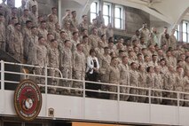 Marines and Sailors attend the Silver Star Medal award ceremony for Staff Sergeant Daniel W. Ridgeway, an explosive ordnance disposal team leader with 2nd Explosive Ordnance Disposal Company, 8th Engineer Support Battalion, 2nd Marine Logistics Group aboard Camp Lejeune, N.C., April 30, 2013.  Maj. Gen. Michael G. Dana, the assistant deputy commandant for installations and logistics, Headquarters Marine Corps, awarded the silver star to Staff Sgt. Rigeway for his combat actions in Afghanistan. (U.S. Marine Corps photo by Pfc. Desire M. Mora)