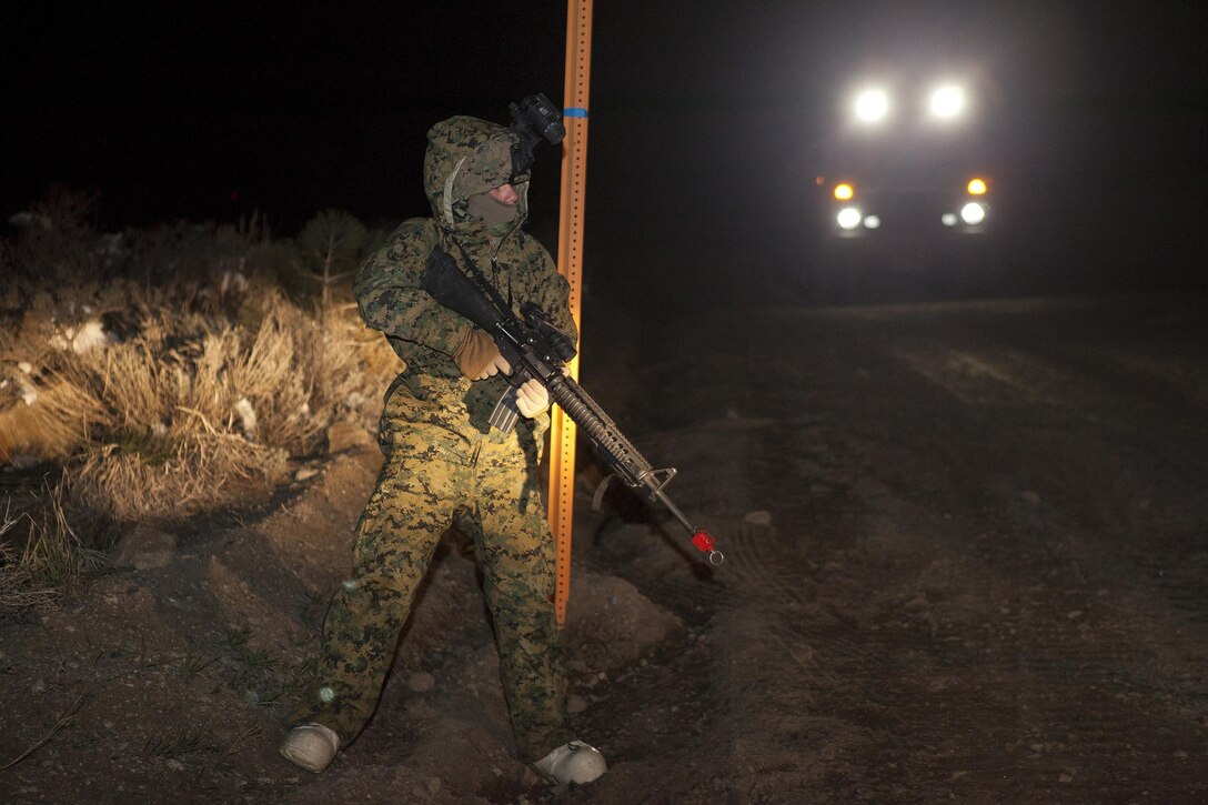 MOUNTAIN WARFARE TRAINING CENTER, BRIDGEPORT, Calif. – A Marine 2nd Battalion, 3rd Marine Regiment, Golf Company, conducts a low-profile raid on a high value target in a joint operation with special operations forces at MWTC in Bridgeport, Calif., Apr. 17.(U.S. Marine Corps photo by Lance Cpl. Suzanna Lapi) 
