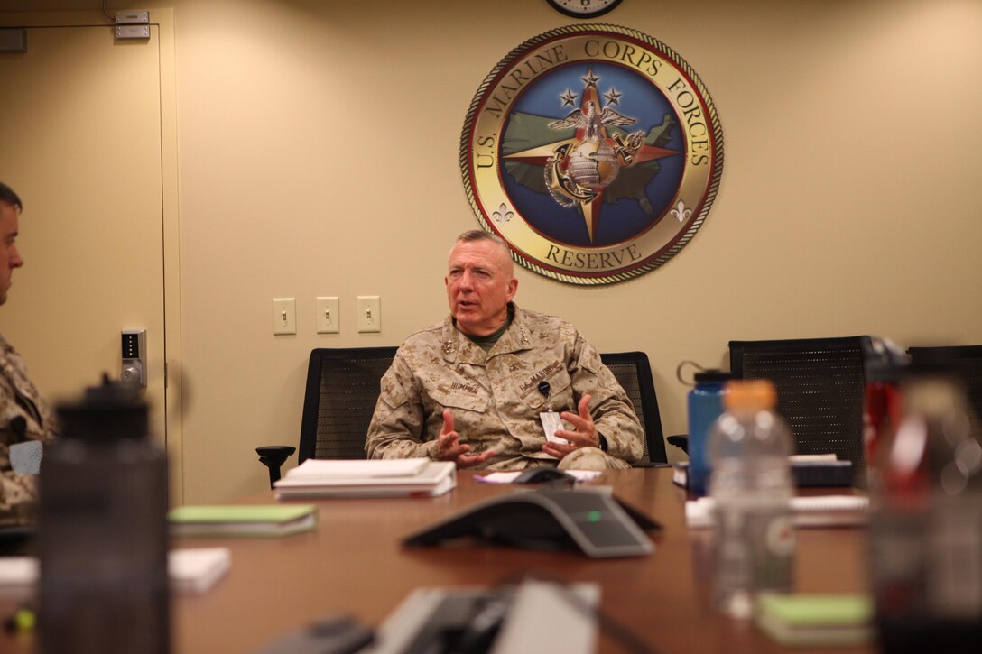 Lt. Gen. Steven A. Hummer, commander of Marine Forces Reserve and Marine Forces North speaks with first and second-year students enrolled in the Marine Corps College of Distance Education and Training Expeditionary Warfare School, non-resident seminar at the Marine Corps Support Facility here, May 1. Hummer focused his comments on what sets the Corps apart from its sister organizations and he credited that difference to the education Marines receive early in their careers, starting with boot camp and Officer Candidate School. For more information on the CDET, please call (888)435-8762, or visit www.tecom.usmc.mil/cdet/SitePages/home. 

